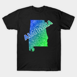 Colorful mandala art map of Alabama with text in blue and green T-Shirt